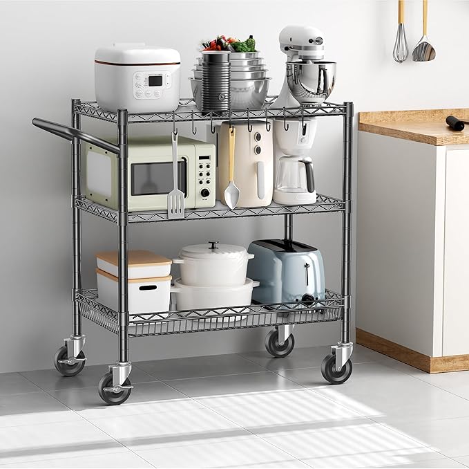 3 Tier Metal Cart with Wheels, Heavy Duty Utility Rolling Cart 1050lbs, Commercial Grade Kitchen Trolley with Handle Bar&Shelf Liner, Mobile Steel Wire Trolley for Warehouse Garage Kitchen