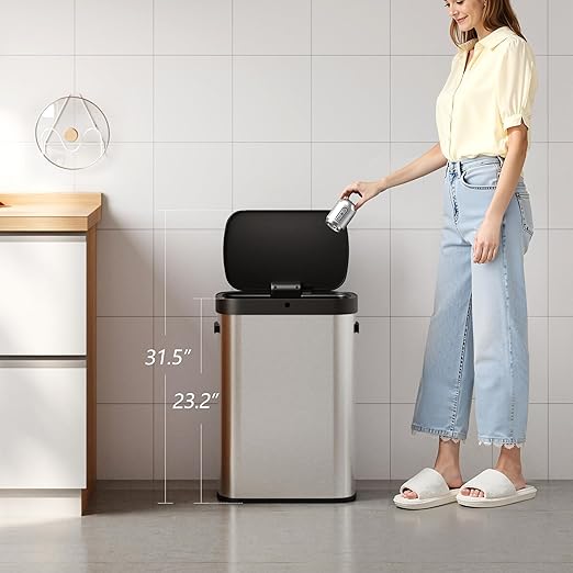 WLIVE 13 Gallon Trash Can, 50 Liter Large Capacity Motion Sensor Automatic Trash Cans Touchless with LED Indicator, Brushed Stainless Steel Finish Garbage Cans for Kitchen, Office, School, Silver