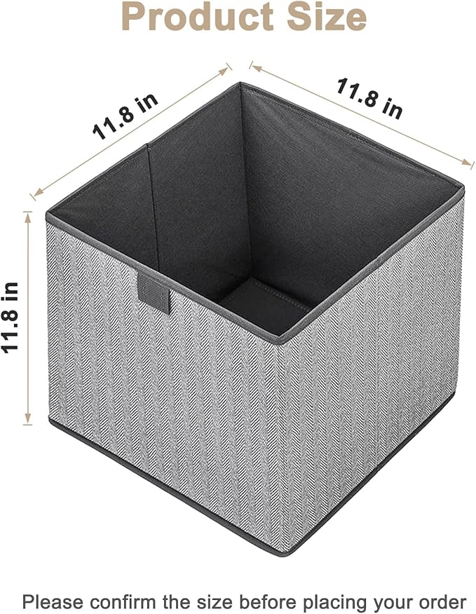 Storage Baskets, 11.8-Inch Woven Fabric Bins, Storage Cubes with Reinforced Handles, Organizer Bins for Closet Shelves, Foldable, for Toys, Clothes, Natural Beige (2PCS/Grey-11.8*11.8*11.8inch)