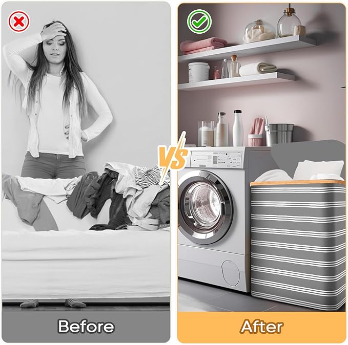 BALEINE Laundry Hamper with Lid, Tall Laundry Baskets with Bamboo Pull Handles, Large Laundry Bin with Internal Support (36 Gal/140L, Grey Pinstripe)