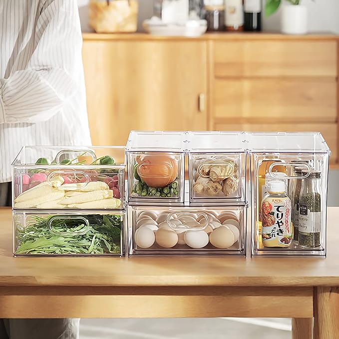MineSign 2Pack Stackable Fridge Drawers Pull-Out Bins Divided Produce Saver Containers for Refrigerator Storage Organizers for Veggie Fruit Berry Pantry Cabinet Makeup Clothes