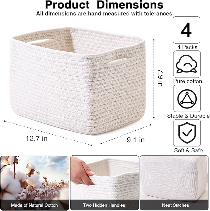 White Storage Baskets for Organizing, Woven Storage Baskets for Shelves, Cotton Rope Basket for Storage, Cute Rectangular Book Toy Basket, 12.7"×9.1"×7.9", 4 Packs, Off White