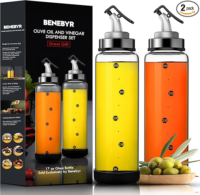 Olive Oil Dispenser Bottle for Kitchen Shatterproof Glass Bottle with Leakproof Pourer Spout & Rubber Bottom 17 oz Oil and Vinegar Dispenser Set of 2 Olive Oil Bottle for Cooking
