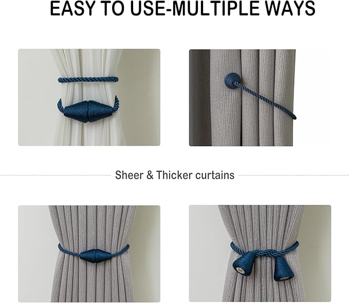 Magnetic Curtain Tiebacks 2 Pack Outdoor Rope Curtain Tie Backs Decorative Window Treatment Holdbacks for Home Decorative Curtain, Blue