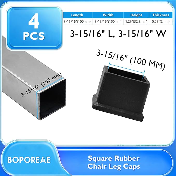 4 Pcs 4" x 4" Square Rubber Chair Leg Caps, PVC Table Leg Covers, Flexible & Anti-Slip Furniture Leg End Caps, Chair Leg Floor Protectors for Bar Stool Leg Patio Indoor, Black