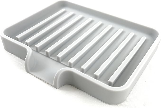 Happitasa Silicone Soap Dish Tray and Sponge Holder with Drain Chute, Pack of 2 | Bathroom and Kitchen Sink Organizer Caddy (Light Grey, 5.2"x4", 7.2 Ounces)