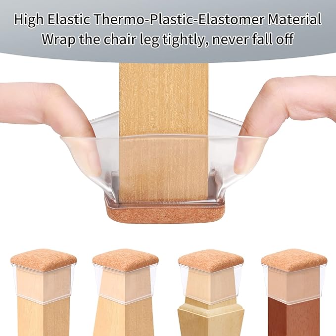 Ezprotekt 8 Pcs Extra Large Square Chair Leg Floor Protectors, Silicone Felt Furniture Pads for Hardwood Floor, Dining Table Bar Stool Leg Protectors Leg Cups Covers (XL Fit: 1.5" - 2", Clear)