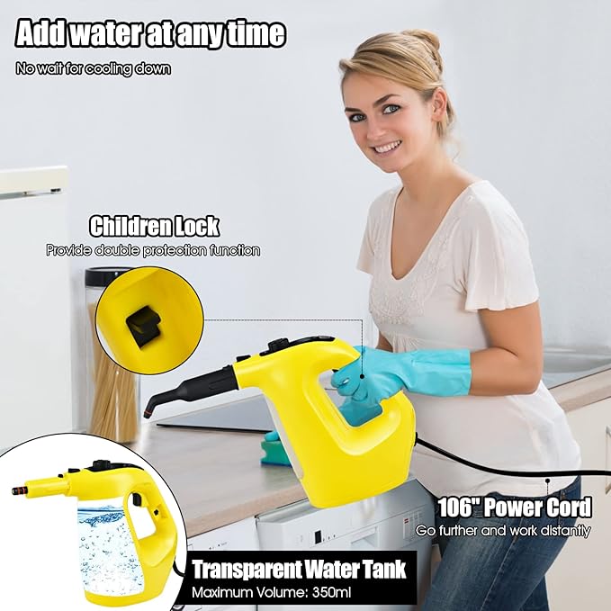 COSTWAY Handheld MultiPurpose Steam Cleaner with 17 Pieces, 350ml Large Capacity Steam Mop Continuous Fill water, Portable Chemical-Free Steamer for Home Use, Floors, Windows, 1400W, Yellow