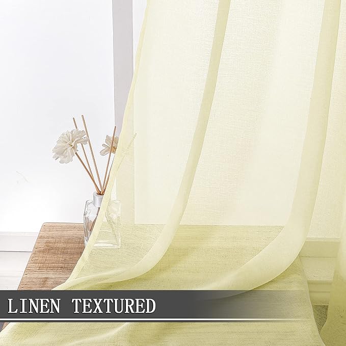 Tollpiz Sheer Curtains Linen Textured Bedroom Curtain Sheers Light Filtering Rod Pocket Voile Curtains for Living Room, 54 x 63 inches Long, Transparent Yellow, Set of 2 Panels