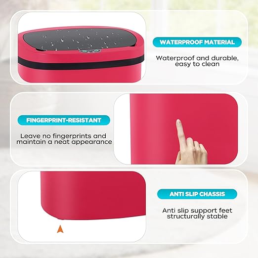 Automatic Motion Sensor Bathroom Trash Can with Lid, 13 Gallon Touchless Trash Bin, Smart Dog Proof Garbage Can, Touch Free Waste Basket for Toilet, Office, Bedroom,Red,2