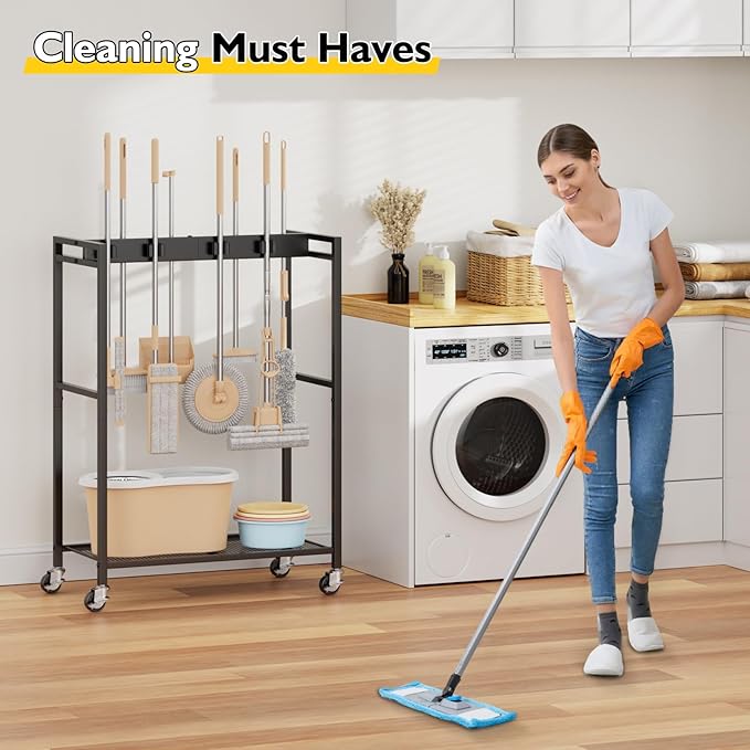 BORISI Broom And Mop Holder, Movable Broom Closet Storage Cabinet, Cleaning Cart with Mop Hanger Gripper Rack, Janitorial Cart, Utility Carts, Laundry Room Organization Home Essentials