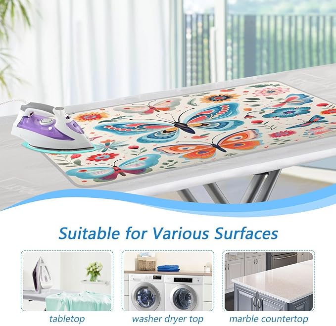 Decorative Butterfly Floral Ironing Mat Thickened Ironing Blanket Travel Portable Double-Side Using Ironing Pad Travel Isolate Heat Pad Cover for Washer Dryer Table Top Countertop 27.6x47.2in