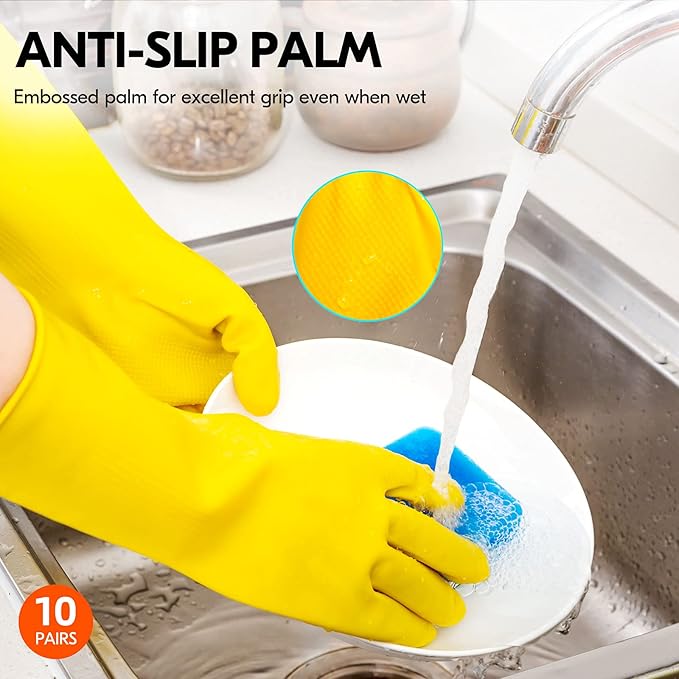 Vgo... 10-Pairs Reusable Household Gloves, Rubber Dishwashing gloves, Extra Thickness, Long Sleeves, Kitchen Cleaning, Working, Painting, Gardening, Pet Care (Size M, Yellow, HH4601)