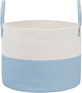 Woven Blanket Basket,115L Large Rope Storage Bin with Handles, Organizer for Blankets Toys Book and Clothes, Laundry Basket for Living Room Bedroom Nursery,White&Blue