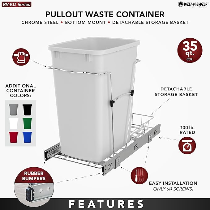 Rev-A-Shelf Pullout Trash Can for Under Kitchen Cabinets 35 Qt Garbage Waste Recyling Bin with Full Extension Slides, Blue, RV-12KD-22C-S