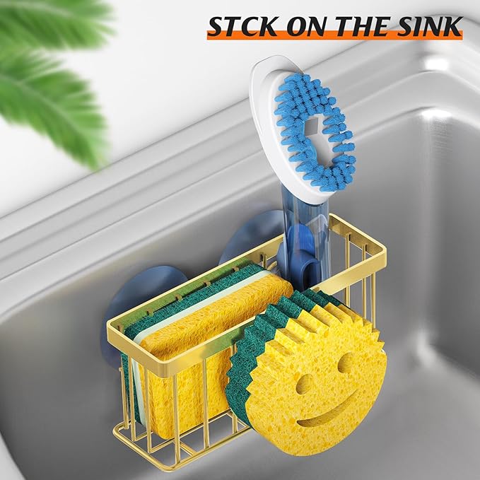 Sponge Holder Smiley Face,Sink Caddy,Sink Organizer with 2 Suction Cups/1 Adhesive Strips,Designed for Sponge,Soap,Dish Brush,Scrubber-Gold