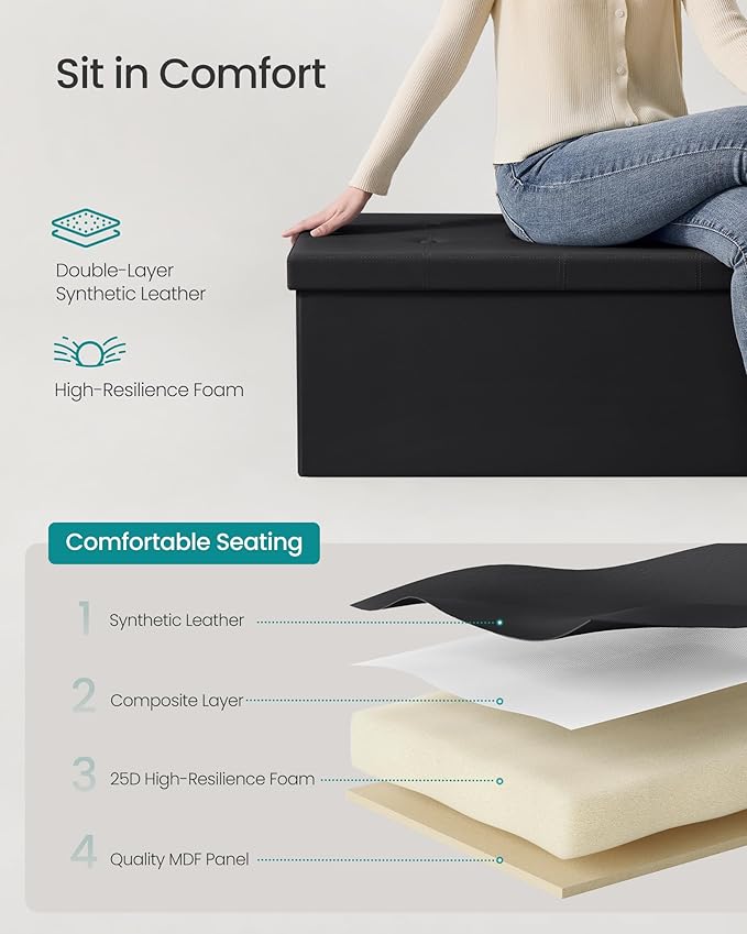 SONGMICS MAZIE Collection - 43 Inches Folding Storage Ottoman Bench, Ottoman with Storage, Foot Rest Stool, Load 660 lb, for Living Room, Synthetic Leather, Black ULSF701