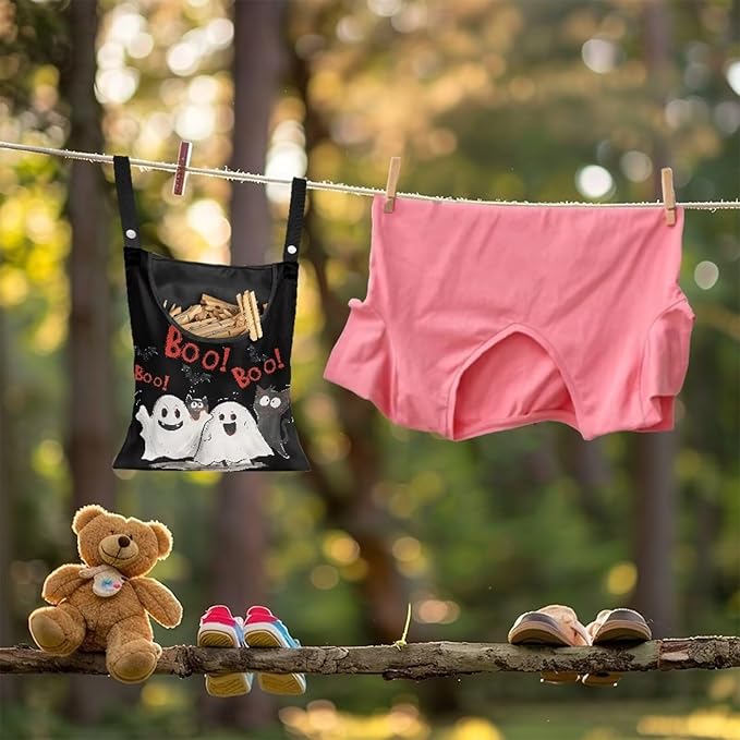 Cute Ghost Clothespin Bag Laundry Hanging Storage Organizer with Rope Clothespin Holder with an Extra Large Opening for Clothesline Outdoor Clothespin Storage with Hanger Hook
