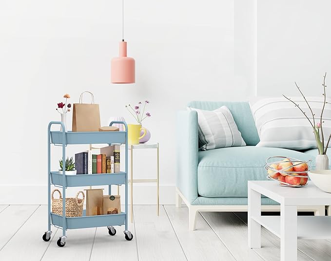 CAXXA 3-Tier Rolling Metal Storage Organizer - Mobile Utility Cart with Caster Wheels, Blue
