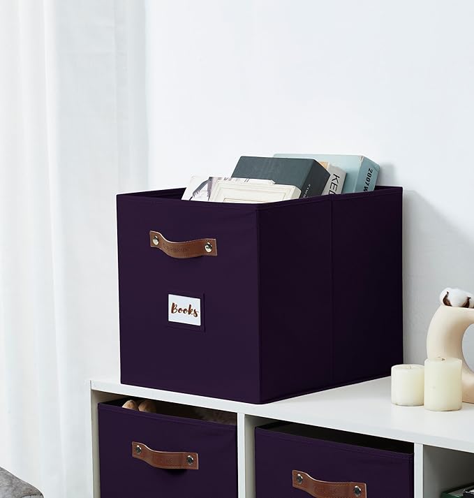 DECOMOMO Storage Baskets, 13x15x13 Storage Cube Bins with Labels for Organizing Shelves Kallax (Kallax / 4pcs, Deep Purple)