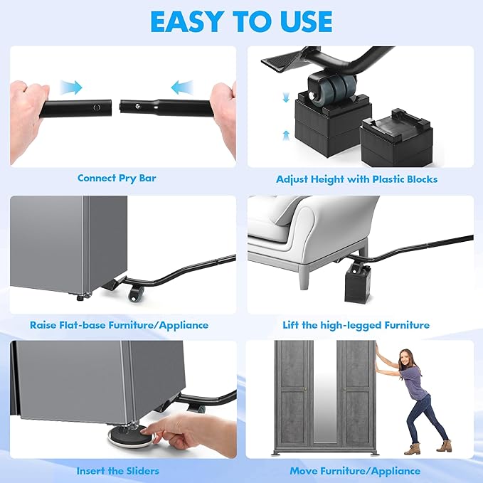 Furniture Lifter Tool + 8-Pack of 3.5" Sliders, Save 80% Effort, Safely and Easily, The Lift and Glide Tool Set for Heavy Furniture and Appliances, Reusable Moving Pads, Floor Protectors for Carpet