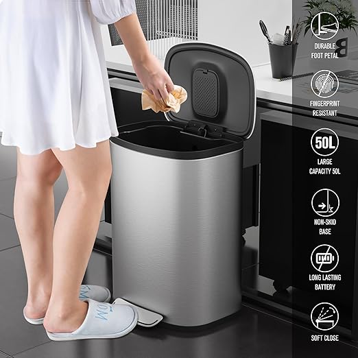 13 Gallon Stainless Steel Foot Pedal Large Trash Can with Soft Close Quiet Curved Surface Top Lid and Deodorant Storage Space, with 30 Garbage Bags for Kitchen/Home/Office Trash can and More - Silver