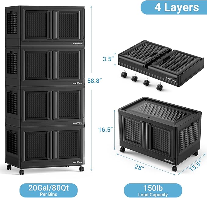 BROVIEW 400 Qt Stackable Storage Bins with Lids & Doors, 4 Pack Plastic Closet Organizer and Storages Drawers with Wheels, Large Collapsible Storages Boxes, Cabinet for Home, Office, V10, Black