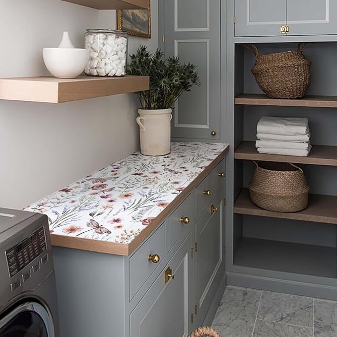 Floral Drawer and Shelf Liner for Kitchen Cabinets,16IN x 20FT Non-Adhesive and Strong Non-Slip Cabinet Drawer Liners for Kitchen Shelf, Waterproof Cupboard Liners,Easy to Clean