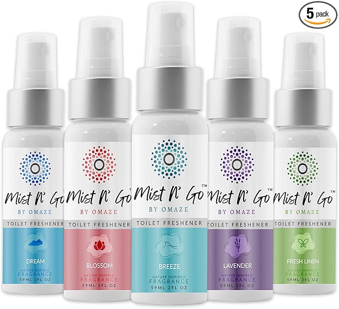 Mist N' Go by Omaze Travel Toilet Odor Eliminator - Air Freshener Spray for Bathroom Deodorizer - Mix All, Regular Size (2oz x5)