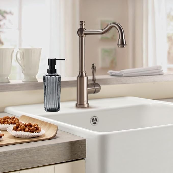 12 oz Glass Soap Dispenser with Vertical Stripe with Black Plastic Rustproof Pump, Small Refillable Soap Dispenser for Kitchen and Bathroom (Grey)