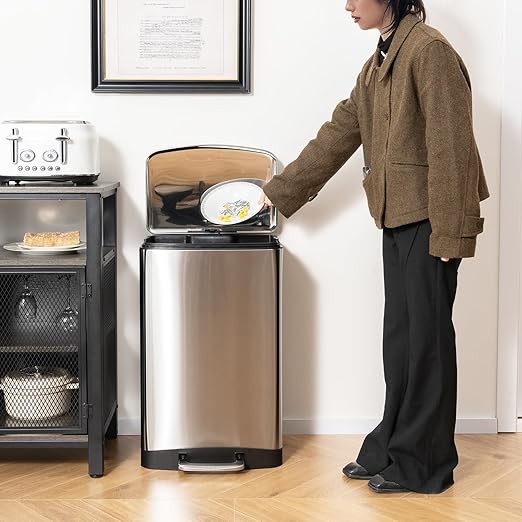 S AFSTAR 13.2 Gal Step Trash Can, 50 Liter Stainless Steel Pedal Trash Bin W/Lock Device & Soft Closing Lid, Recycling or Waste Bin, Rectangular Hand-Free Step-on Garbage Bin for Kitchen Home Office
