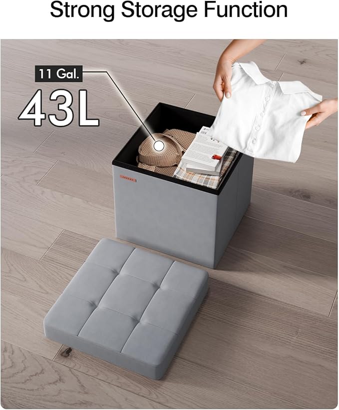 Folding Storage Ottoman, Velvet Storage Bench, Footrest, Footstool, for Living Room, Bedroom and Office,15 x 15 x 15 Inches, 300 kg Load Capacity, Dove Gray UASND04G