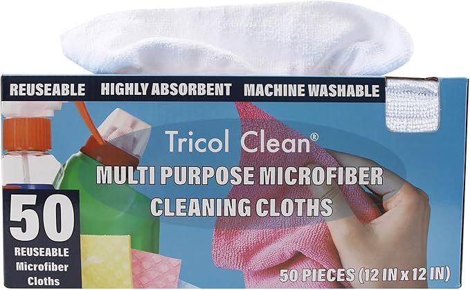 Tricol Clean Profesional Resuable Lint Free Microfiber Edgeless Cleaning Cloth 50PK Cleaning Rags,Absorbent Microfiber Wipes in Dispenser Box for Housekeeping, Car Cleaning (12 * 12 Inches) (white1)