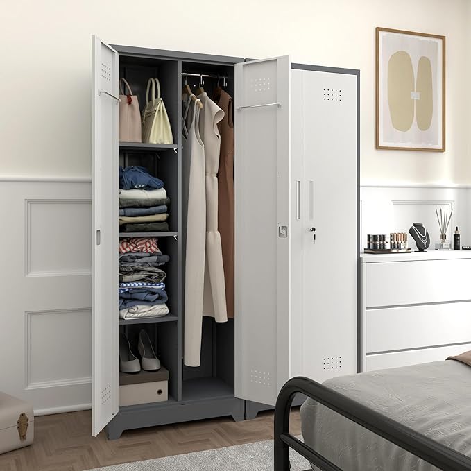 Broom Closet, Metal Storage Cabinet with Hanging Rod, 65" Broom Tool Organizer, Metal Cabinet with Doors and Shelves, Tall Cleaning Storage for Home, Office, Garage, Balcony