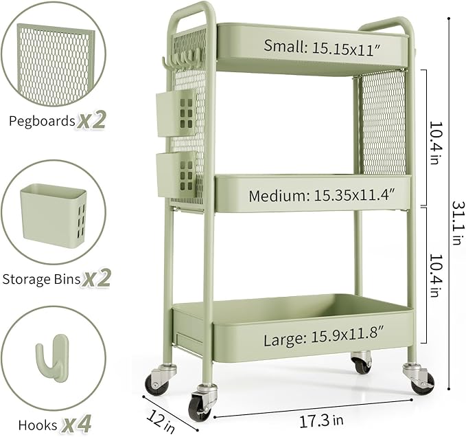 TOOLF 3 Tier Rolling Cart Storage Organizer, Metal Rolling Utility Cart with Wheels, Hooks & Bins Esthetician Craft Art Sturdy Storage with Pegboard for Bathroom, Kitchen, Office, Nursery Diaper