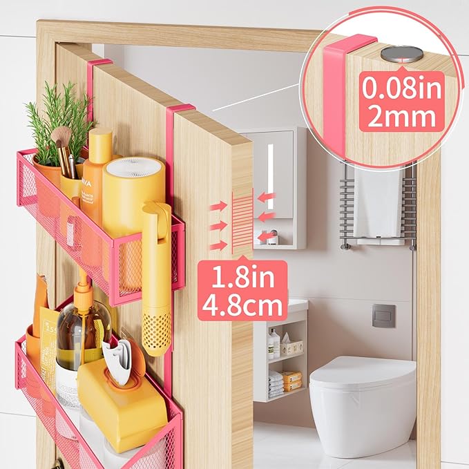 Over The Door Hooks Organizer, Coat Rack Over The Door Storage Hanger Towel Rack, Back of Storage Organizer for Bathroom,Bedroom,Kitchen,Office (Pink 3-Tier)