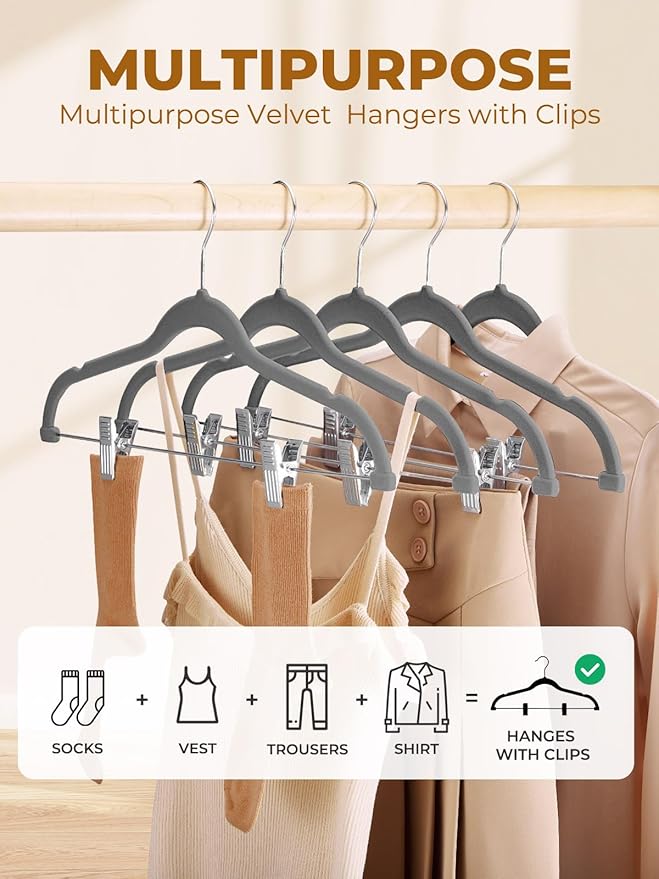 HOUSE DAY Velvet Skirt Hangers 36 Pack, Gray Velvet Hangers with Adjustable Clips, Space Saving Slim Velvet Pant Hangers, Heavy Duty Shorts Hangers, Non Slip Clip Hangers for Pants, Skirts, Shorts