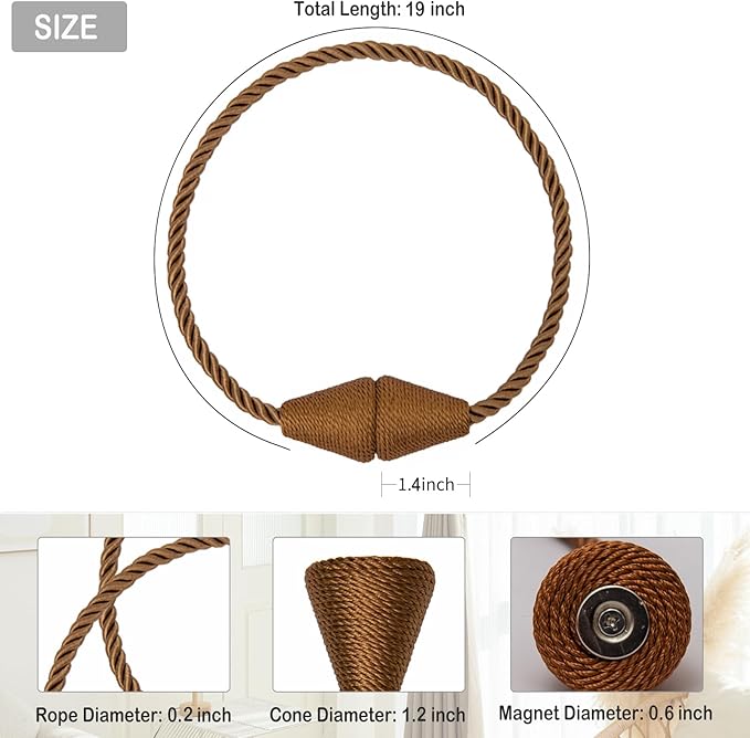 Magnetic Curtain Tiebacks 2 Pack Outdoor Rope Curtain Tie Backs Decorative Window Treatment Holdbacks for Home Decorative Curtain, Khaki