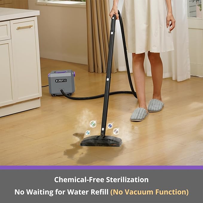 Steam Cleaner: Fast 50-Sec Heat-Up-21-Piece Kit-0.6Gal (2.2L) Tank Refill Anytime-No Cooling-Detachable Hose Multi Steamer Mop for Home Car Bed Furniture Tile Grout Floor Kitchen Cleaning Grey