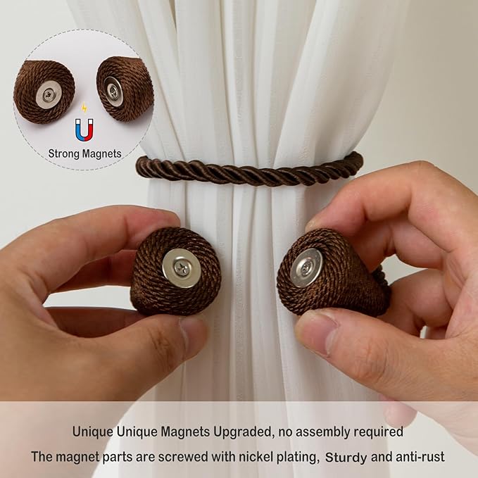 Magnetic Curtain Tiebacks 4 Pack Outdoor Rope Curtain Tie Backs Decorative Window Treatment Holdbacks for Home Decorative Curtain, Coffee