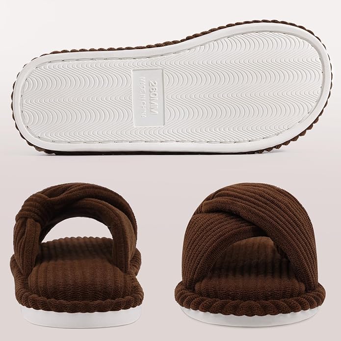 Evshine Summer House Slippers for Women Corduroy Cross Bow Indoor Slippers Open Toe Slip On Bedroom Shoes with Memory Foam