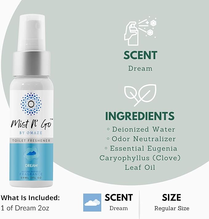 Mist N’ Go by Omaze Travel Bathroom Spray for Toilet Spray Odor Eliminator - Travel Toilet Spray for Bathroom Air Freshener Spray for Bathroom Deodorizer - Dream Regular Size (2oz x1)