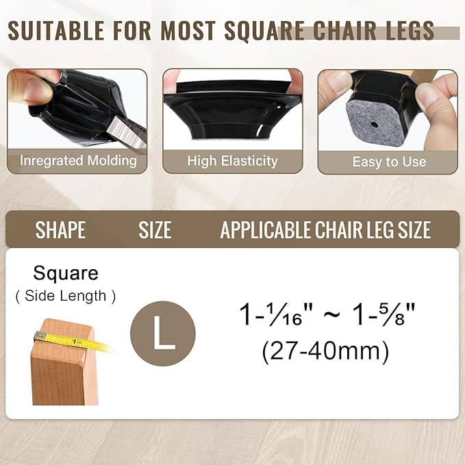 BUMACO Chair Leg Floor Protectors Square Chair Leg Protectors for Hardwood Floors 20Pcs Silicone Covers to Protect Floors Square (Black-L Fit 1-1/16" to 1-5/8")
