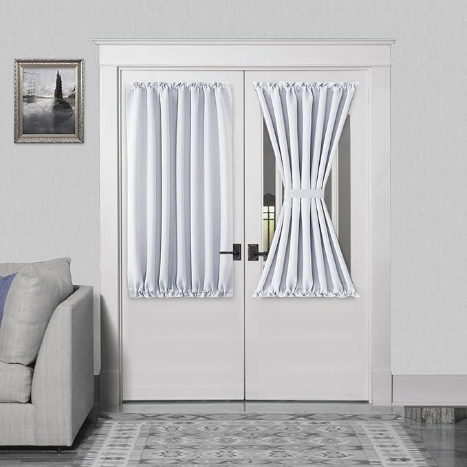 DWCN French Door Curtains – Rod Pocket Thermal Curtain for Doors with Glass Window, Kitchen and Patio Doors for Privacy, 54 X 40 Inch Length, 1 Curtain Panel with Tieback, Greyish White
