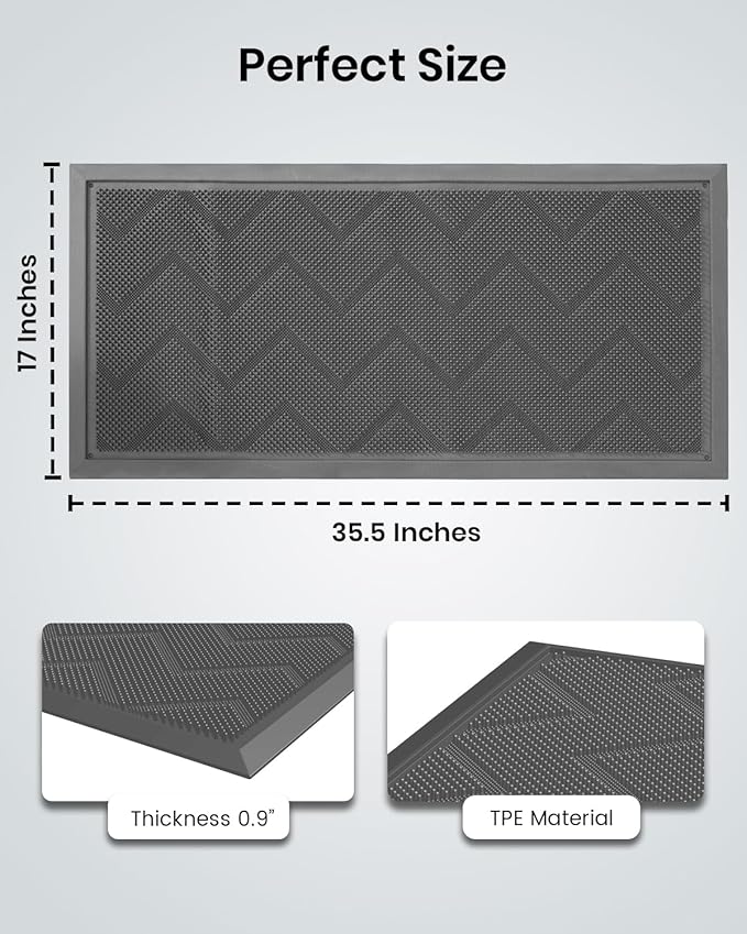 HAMARA Front Door Mat for Outside Entrance 35.5"x17" – Anti-Slip Dirt-Trapping Waterproof Rubber Indoor & Outdoor Mat with Textured Surface for Entryway - Heavy Duty All Weather Doormat – Grey