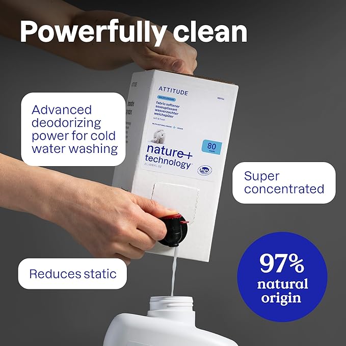 ATTITUDE Liquid Fabric Softener, Plant-Based & Vegan, HE Compatible, Naturally Derived, Wildflowers Scent, 80 Loads, 67.6 Fl Oz