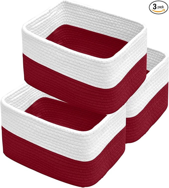 Hopegiver Woven Storage Baskets 11x8x7 Inch, 3 Pack Collapsible Cube Storage Bin for Shelves - Foldable Cotton Rope Organizer Bins for Towels, Toys, Books, Closet, Nursery (White Red)