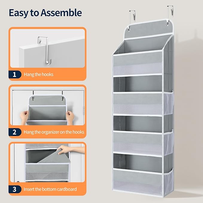 Yecaye Over The Door Organizer, Heavy Duty Hanging Organizers and Storage with 4 Large Capacity Pockets, Swing-Proof Behind The Door Storage for Bathroom Nursery Bedroom Dorm Closet, Grey