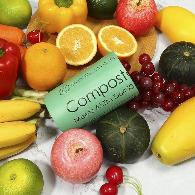 C Crystal Lemon 50 Count Biodegradable Kitchen Food Waste Bags - 6 Gallon Scraps Bags - Heavy Duty Compostable Waste Bags for Kitchen - Unscented Trash Bags 6 Gallon for Yard, Food