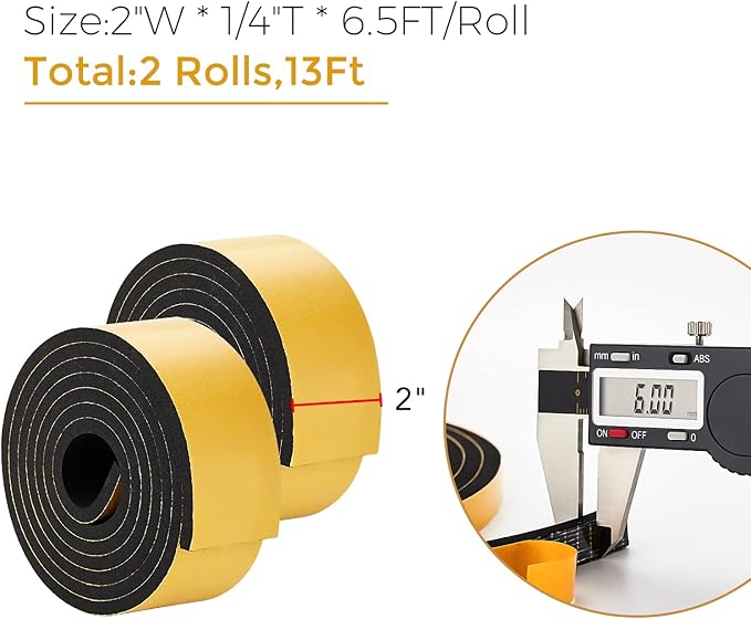 13 Feet Weather Stripping Door Seal, 2" Wide X 1/4" Thick Door Seal Strip High Density Foam Tape Adhesive Strip for Door Soundproofing,Window Insulation (2" x 1/4" x 13FT,Black)